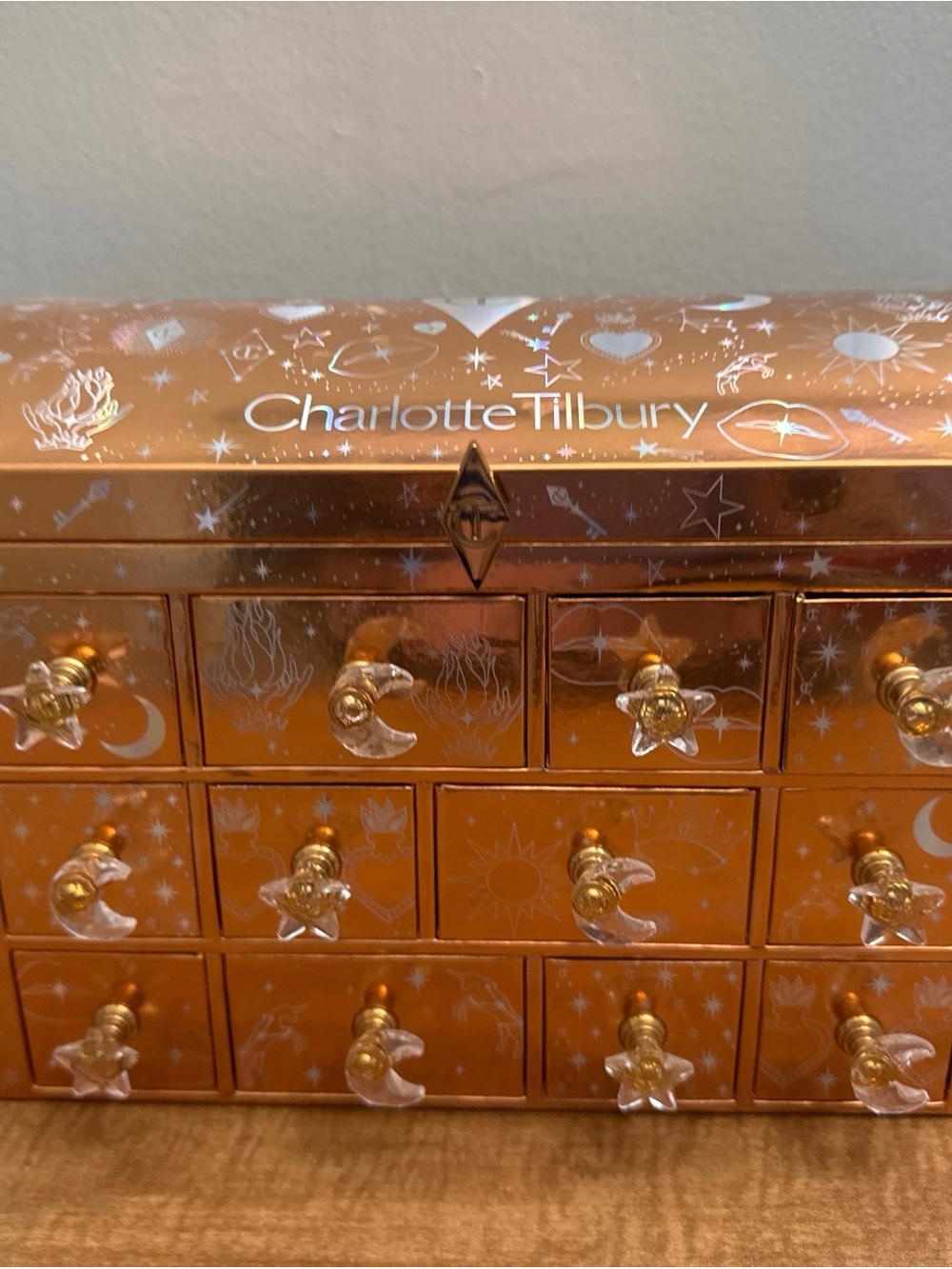 Charlotte Tilbury Rose Gold Jewelry or Cosmetic Organizer with Star & Moon Knobs